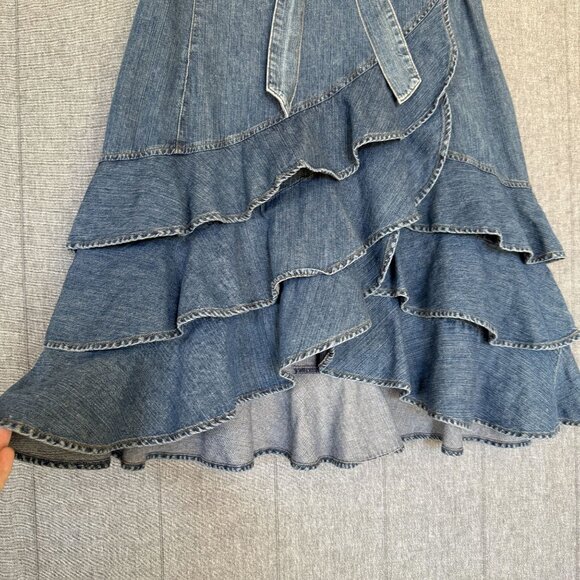 Lauren Ralph Lauren Cotton Denim Triple Ruffle Hem True  Wrap Midi Dress Size 10 - Picture 4 of 14